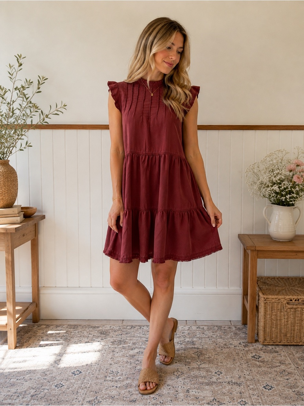 Anthropologie Ruffled Sleeve Tiered Mini Dress in Burgundy